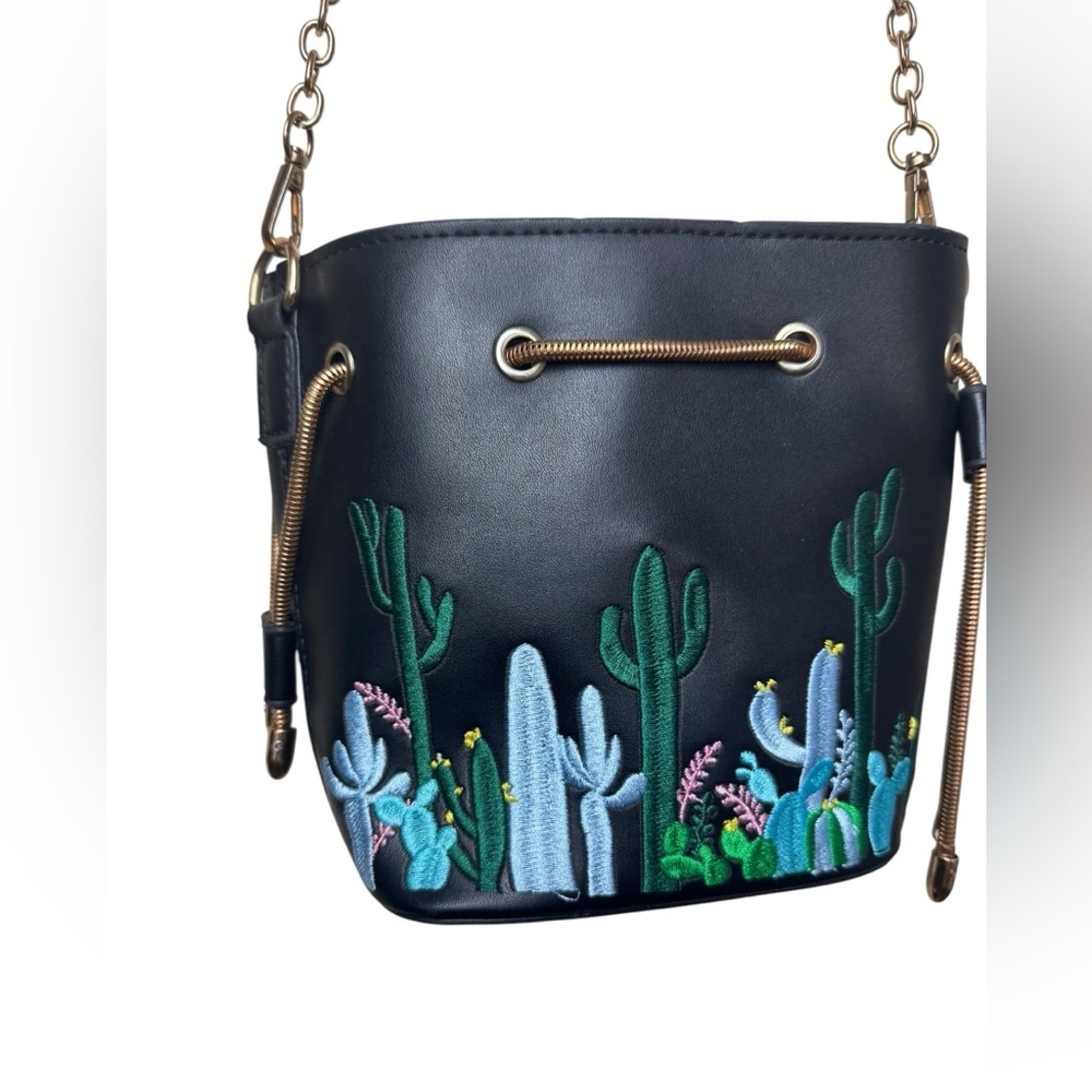 Black Faux‎ Leather Cactus Embroidered Bucket Bag with Chain Strap